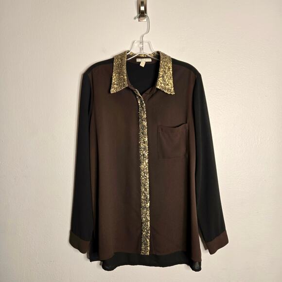Alberto Makali  Black Brown Colorblock Blouse With Gold Sequin Trim Size L Chic - Picture 1 of 10